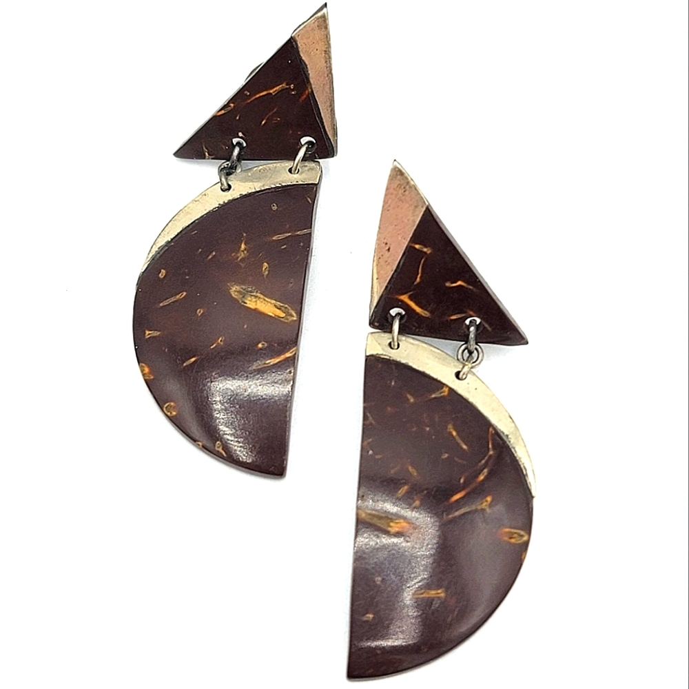 Coconut Shell Earrings Gold tone Accent Geometric Boho Drop Dangle Vintage